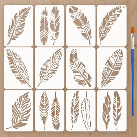 12 Pièces Pochoirs de Plume Mandala avec Pinceau 14,8x10,5cm Pochoirs de Plumes d'Oiseau Pochoir de Plume Bohème Gabarit de Thème Fantastique pour Bois Mur Meuble DIY Décoration Maison (1/5)
