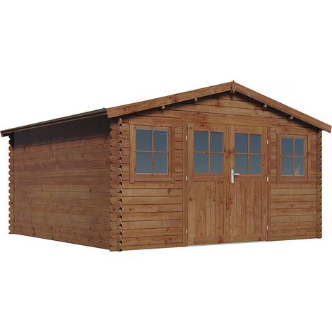 Habitat Et Jardin – Abri de jardin bois traité autoclave classe III brun 21,2 m² – Dimensions 427 x 483 cm – Épaisseur 28 mm – Porte double avec fenêtres (1/4)