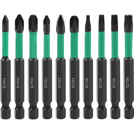 Lot de 10 embouts de tournevis cruciforme PoziDriv Torx - 70 mm de long - Embouts magnétiques à tige hexagonale 1/4" - Embouts cruciformes Pozi Torx - En acier S2 (1/5)