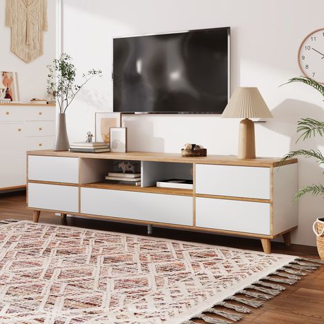 Mobile porta TV 175x37x51 cm bianco e legno in MDF con 4 ante e vani contenitivi (1/4)