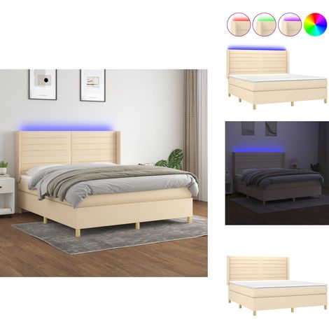 Sommier à lattes de lit matelas et LED Crème 160x200 cm Tissu - Sommier Tapissier - Lit Plateforme - Lit Avec Led - Matelas À Ressorts Ensachés - Têtière Ajustable (1/5)