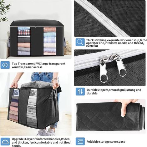 Lot de 4 sacs de rangement noirs pour vêtements, 60 x 40 x 35 cm, grand format, pliables, pour couettes et vêtements.