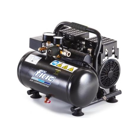 FIAC Compressore d'Aria Portatile Silenzioso SUPERSILENT 6, Oil Free, Pressione Massima 8 Bar, 1 Hp, Serbatoio 6 Litri, Rumorosità 58 dB LpA