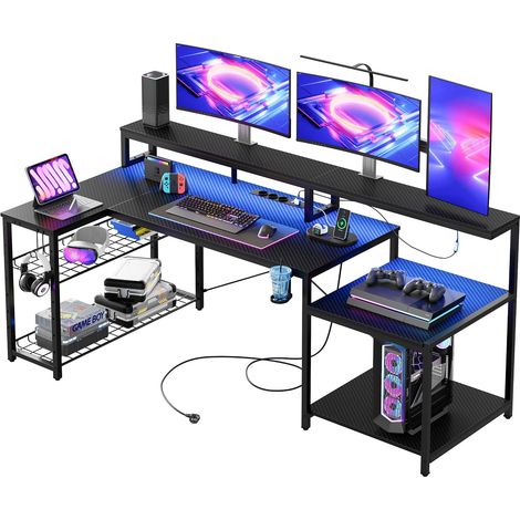 Bureau d'angle 181 cm, Bureau de Jeu avec lumières LED, Table de Jeu PC avec 3 Prises Secteur et 2 Ports de Chargement USB, Bureau d'ordinateur avec étagère pour écran spacieuse (1/5)
