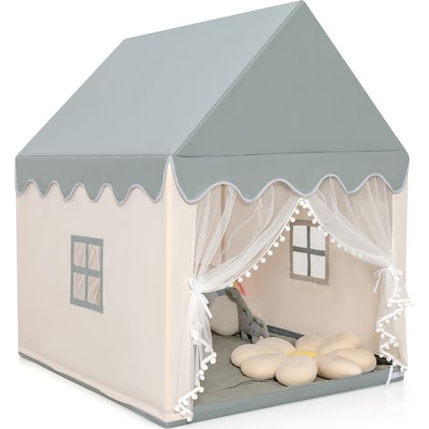 COSTWAY Kids Play Tent Indoor Playhouse with Padded Mat-Beige+Grey (1/5)