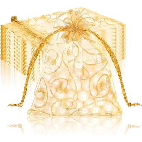 Sacchetti in organza con coulisse, 7 x 9 cm, color oro, stampati, sacchetti regalo, sacchetti per gioielli, piccoli, per matrimoni, battesimi, 100 pezzi (1/5)