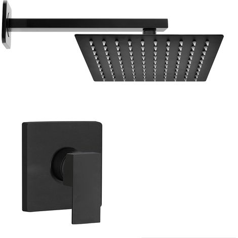 Set doccia soffione quadrato 30x30cm in acciaio inox braccio 30cm e miscelatore con leva nero opaco Kubo