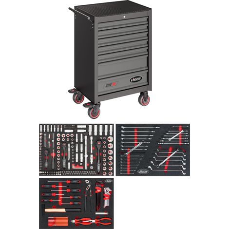 servante d'atelier Series M avec assortiment de 256 pièces V2379N, 7 tiroirs, tapis mousse, capacité de charge 400 kg, avec pinces, tournevis, verrouillable, 681 x 460 x 1016 mm (1/5)