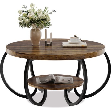 Table Basse Ronde 30 cm, Table d'Appoint 2 Étagères Style Industriel avec Plateau Décor Bois, Pieds Réglables pour Salon (1/5)
