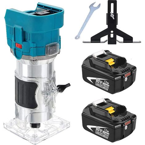 Défonceuse à bois, outil de toupie sans fil sans balais 850 W, coupe-bois électrique à main 1/4" 6 vitesses coupe et gravure +2x batterie 5,5 A (sans chargeur), compatible avec batterie Makita 18 V