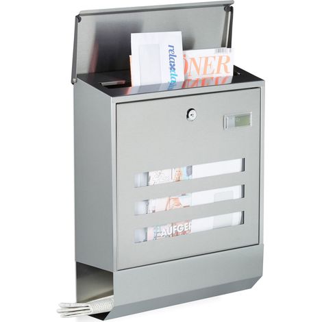 Relaxdays Stainless Steel Letterbox with Newspaper Slot, Name Plate, HxWxD: 42 x 35 x 12.5 cm, Mailbox, Design, Silver (1/5)