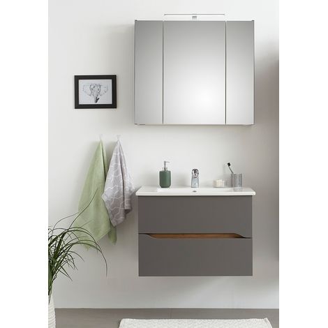 Bad Waschplatz Set mit Spiegelschrank QENA-66 in Quarzgrau Matt Touch mit Riviera Eiche quer Nb., B/H/T: ca. 80/200/45 cm (1/5)