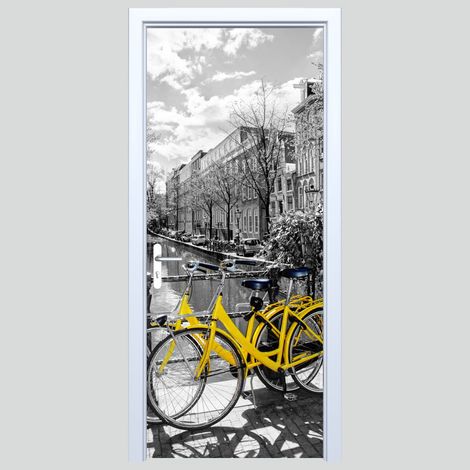 Adesivo per porta in tessuto con scritta "Yellow bicycles Amsterdam 278PD"