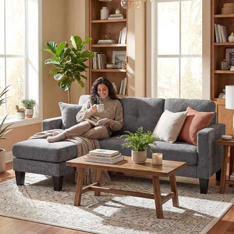 Sofá Chaise Longue Reversible con Estructura de Acero Tapizado en Chenilla 186x130x84cm Gris Oscuro (1/5)