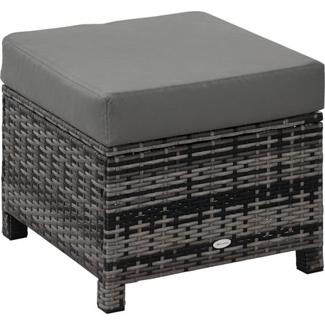 Outsunny Rattan Footstool Wicker Ottoman with Padded Seat Cushion Outdoor Patio Furniture for Garden Poolside Living Room, 50 x 50 x 35 cm, Grey