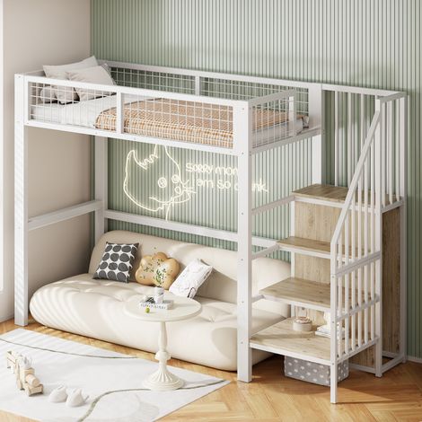 letto contenitore 90x200 scala armadio metallo bianco HAVRYA (1/5)