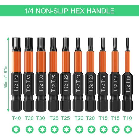 Schraubendreher-Bit-Set (10-teilig), Torx-Schraubendreher-Bit-Set aus S2-Stahllegierung, T10/T15/T20/T25/T30/T40 Bits, professionelles 50-mm-Magnet-Bit-Set mit 10 Bits und 1/4"-Sechskantschaft (1/5)