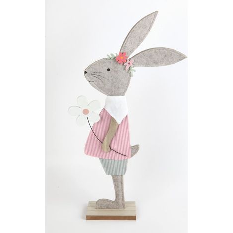 TrendLine Aufsteller Holz Hase mit Blume 49 x 7 x 25 cm grau-pink Skulptur
