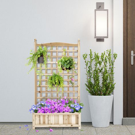 Jardinière surélevée avec treillis, bac à fleurs, jardinière pour plantes grimpantes, arche pour rosiers avec support pour plantes grimpantes, bois de jardin, naturel, 64 x 28 x 120 cm (1/5)