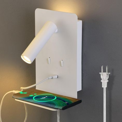 Plug in Wall Light Bedroom Wall Mounted Reading Light LED Bedside Sconces with Switch USB Port Wall Lighting Lamps 3000K(White) (1/5)