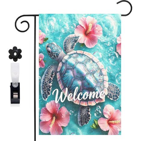Drapeau de jardin bienvenue 30 x 45 cm motif tortue marine et coraux toile double face extérieure (1/5)