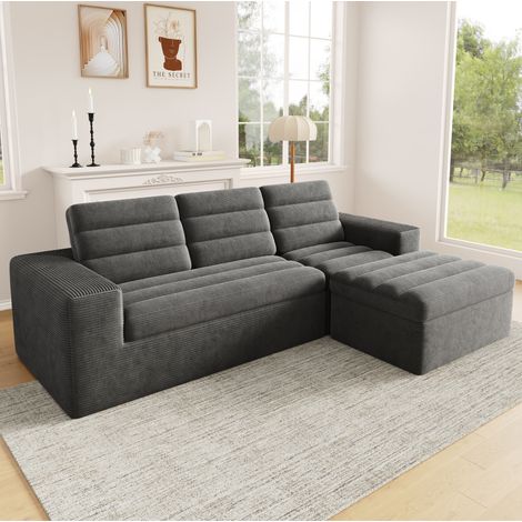 Divano angolare modulare 253x161x89 cm grigio scuro con pouf in velluto a coste, MEUBLIV (1/5)