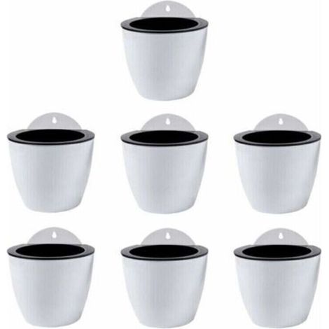 Jardinières Suspendues à Arrosage Automatique Lot de 7 Deco Mural Pot de Fleur Interieur, Exterieur Decoration Murale Fenêtre Blanc Plastique, Grande, 18 cm, (1/4)