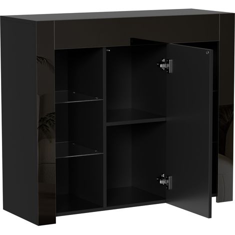 Moderne schwarze Hochglanz-Anrichte mit Glasböden und Tür 95 x 35 x 83 cm (1/5)