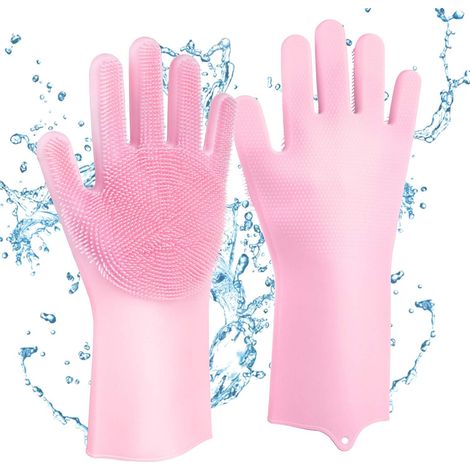 Gants en Silicone avec Brosse de Nettoyag, Sharp Réutilisables Gants Magiques Vaisselle pour Lavage, Vaisselle, Nettoyage, Cuisine, Ménage (Pink), (1/5)