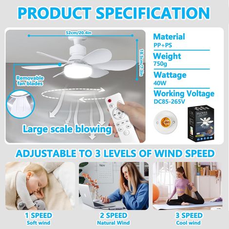 Ventilateur Plafond, avec elecommande, Silencieux, Dimmable, avec 40W E27 Lampe, 6 Pales, 3 Vitesses, pour Salon,Chambre,52cm,bianc (1/4)
