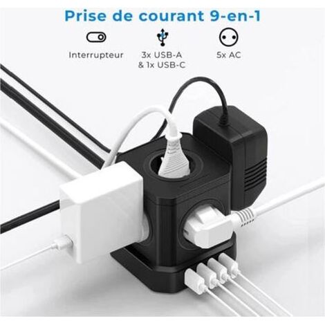 Multiprise Cube 9-en-1 avec USB 5 Prises EU avec 3 Ports USB-A et 1 Port USB-C 4000W Prise avec Interrupteur et Cable 2M Rallonge (1/3)