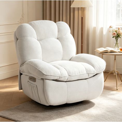 fauteuil relax électrique blanc tissu chenille avec 8 points de massage chauffage dorsal rotation 360 degrés dossier inclinable repose pieds escamotable pour salon chambre (1/5)