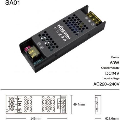 Trasformatore LED slim 24V dimmerabile DIP, alimentatore sottile IP20 uso interno, Disponibili 60W 100W 150W 200W 300W (60W)