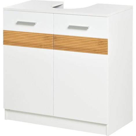 Meuble vasque de salle de bain avec portes en MDF et bambou, 60 x 30 x 60,5 cm - Blanc et bois (1/5)