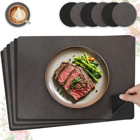 Lot de 6 sets de table en cuir PU, double face, lavables et antidérapants, 43x30cm (marron foncé + noir). (1/5)