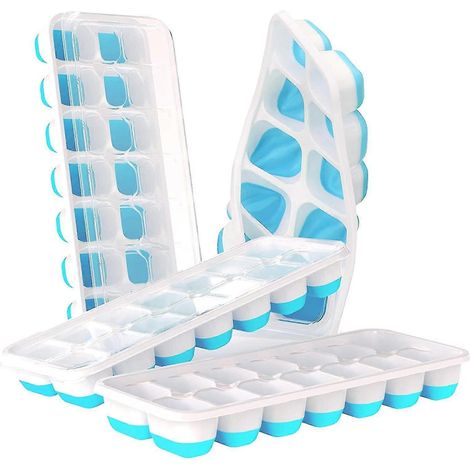 4 bacs à glaçons, en silicone souple facile à démouler, 14 glaçons, pour congélateur, bac à glaçons empilable avec couvercle (bleu) (1/5)
