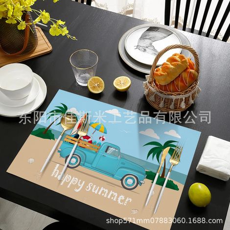 Easter Placemat, Leather, Non-slip, Heat-insulating, Tablecloth, Waterproof, for Home Use, Hotel, and Western Style - Sky Blue - Sandstorm Car - 3045cm