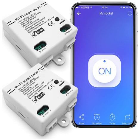 WiFi Smart Switch Intelligent Télécommande Universelle sans Fil Commande vocale avec Minuterie Commutateur DIY 2.4G WiFi Commutateurs À Distance Compatible avec Alexa, Google Assistant, IFTTT(2 Packs) (1/5)