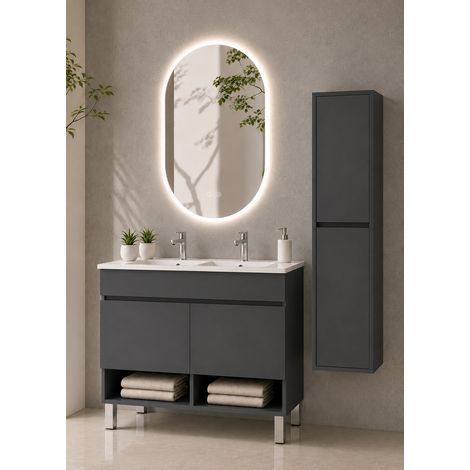 Meuble de salle de bain avec pieds avec vasque extra-plat ORIGENBATH NEBARI sur pieds avec portes sans miroir 120x45 cm double vasque graphite avec colonne (1/5)