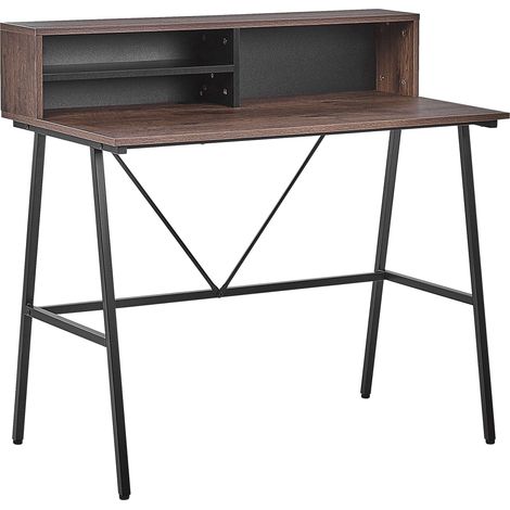 Escritorio para oficina en casa con tablero en madera oscura 100 x 50 cm marco de metal negro con estantes Harison