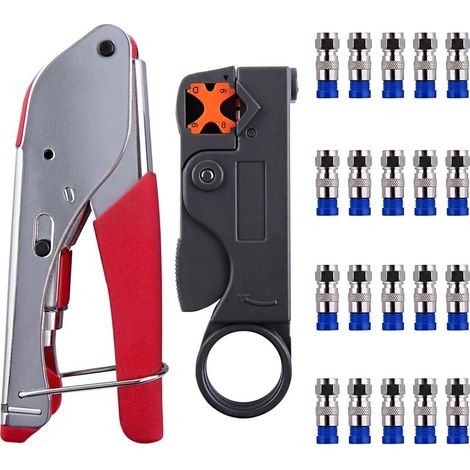 Crimpzangen-Set für Koaxialkabel (F-Stecker) – Crimpzangen-Set für RG6, RG-59 und RG-58 mit 20 RG6-Koaxialkabelsteckern und verstellbarem, drehbarem Koaxialkabelschneider. (1/5)
