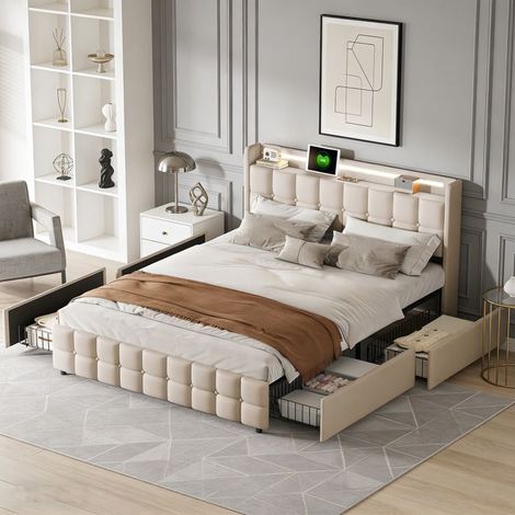 Estructura de cama 160x200 - cama 160x200 con almacenamiento - 4 cajones - Cabecera con LED y USB - Somier de lamas