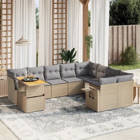 Ensemble Salon Jardin 10 Places Résine Tressée Beige avec Coussins Gris Modulable Table Réglable (1/3)