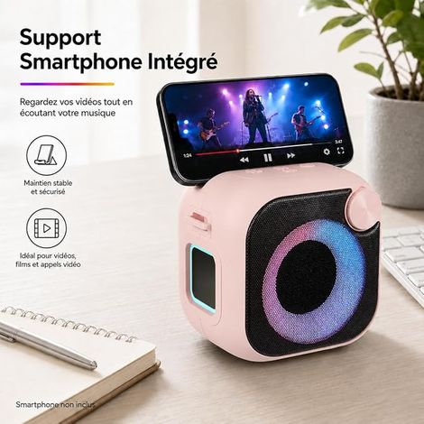 Enceinte Bluetooth Portable avec Support Téléphone, Bluetooth 5.1, 15W, Lumière RGB, 24H Autonomie, TF/AUX/USB, Micro Mains Libres, Dragonne de Transport (Pink) (1/4)
