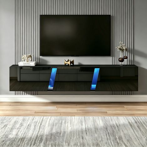 Mobile TV a parete, 180 x 35 x 30 cm, mobile TV basso con luci a LED, supporto TV con 3 ante, adatto per TV da 75 pollici, mobile TV lucido, nero (1/5)