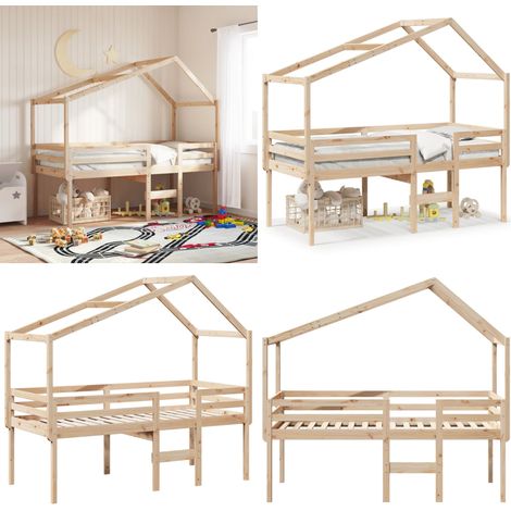 Hochbett mit Dach 90x200 cm Massivholz Kiefer - Kinderbett - Hochbett - Holzbett - Kiefernholzbett - Jugendzimmer - Home & Living
