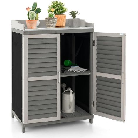 Goplus – Armoire de jardin en bois de sapin 67x46x99,5 cm – Double porte à persiennes – Tablette en métal – Rideaux latéraux en PVC et Oxford (1/5)