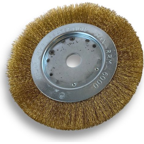 Brosse circulaire LAITON  Ø 175 mm  Epaisseur 1 rang  Fil souple 0.20 mm ondulé  Alésage 20 mm + réducteur bague 16/12 mm  Touret meuleuse affûteuse ponceuse  Kibros 214176LV (1/5)