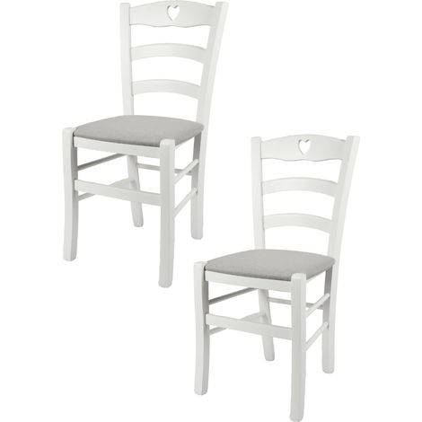 Tommychairs - Set 2 sedie modello Cuore per cucina bar e sala da pranzo, robusta struttura in Legno di faggio laccato bianco e seduta rivestita in tessuto colore grigio perla