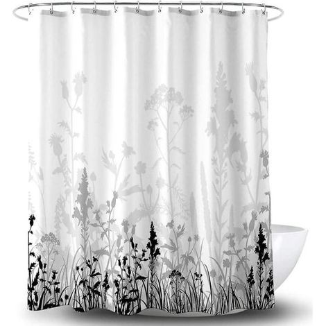 Rideau de douche 180x210 cm, rideau de douche en tissu fleuri noir et gris avec crochets (1/5)